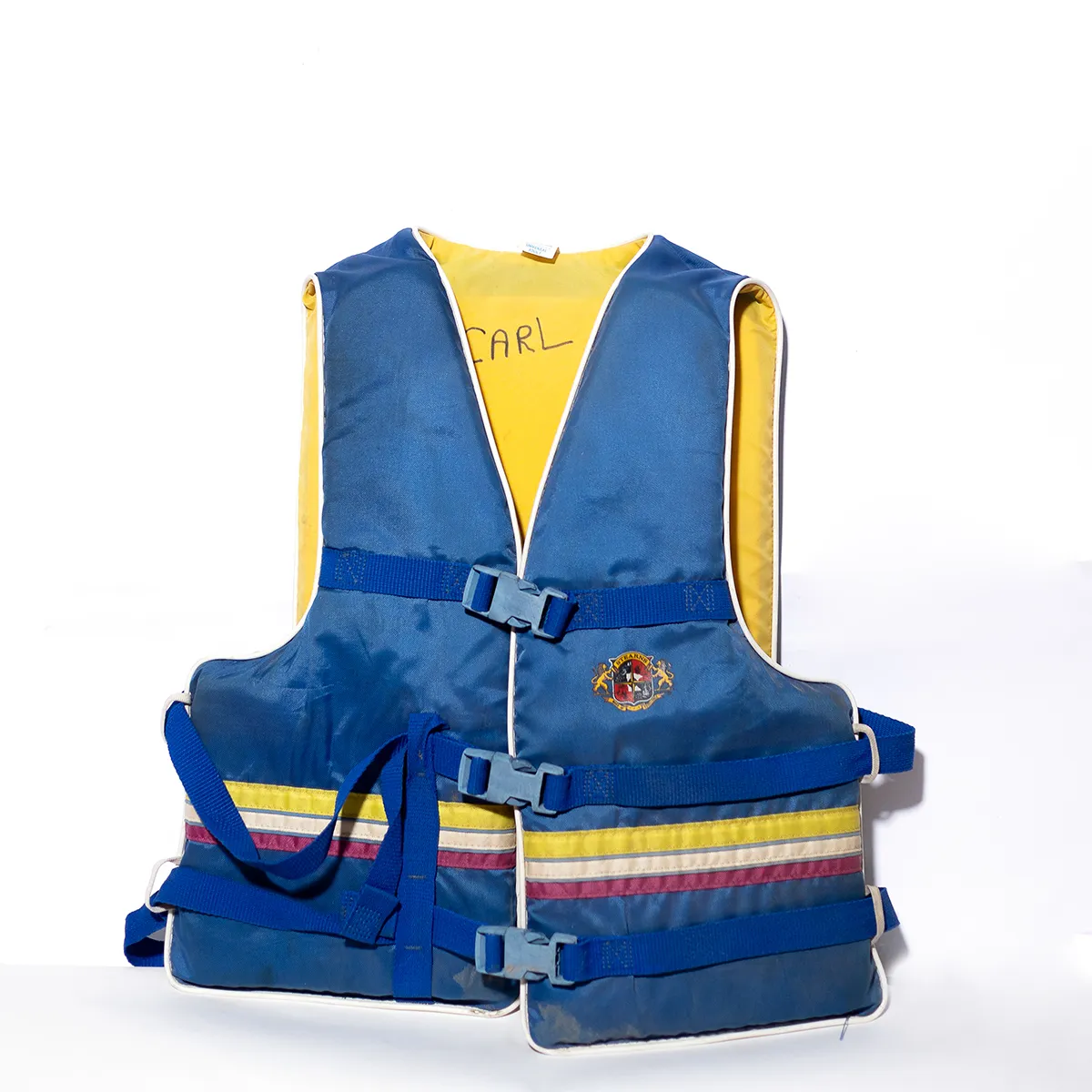 Sports and Outdoors Swimming: Vintage 1970 adultBlue and yellow stipes orange and blue life jacket - Adult 32-50