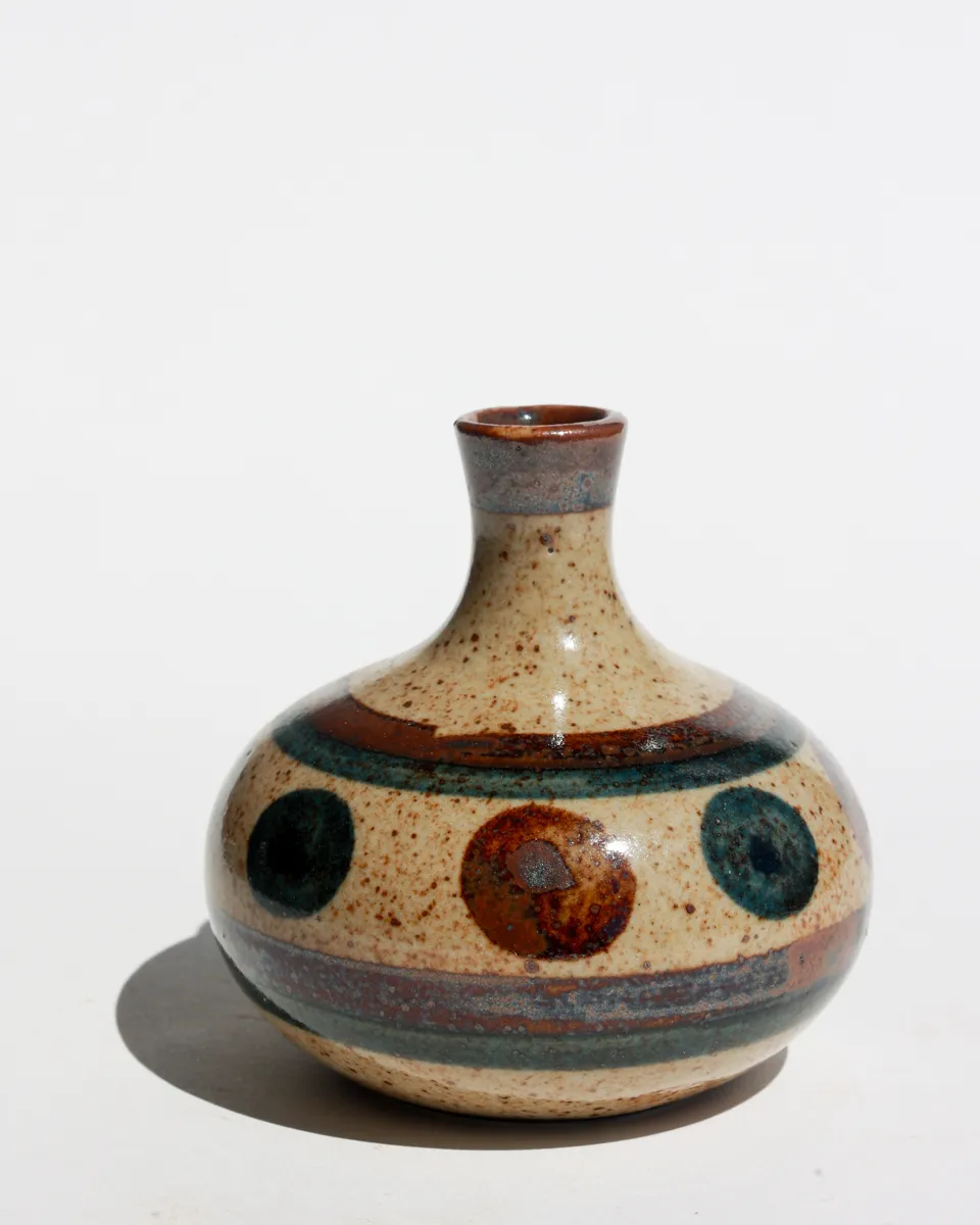 Vintage Small Vase Stoneware With Stripes and Dots 