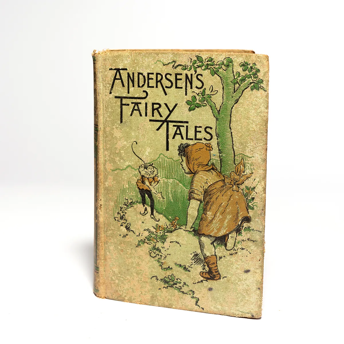 Vintage Andersen's Fairy Tales Classic used, petina, off white, green book with art deco style printed detail - 7.5" x 5.25" x 1.25"