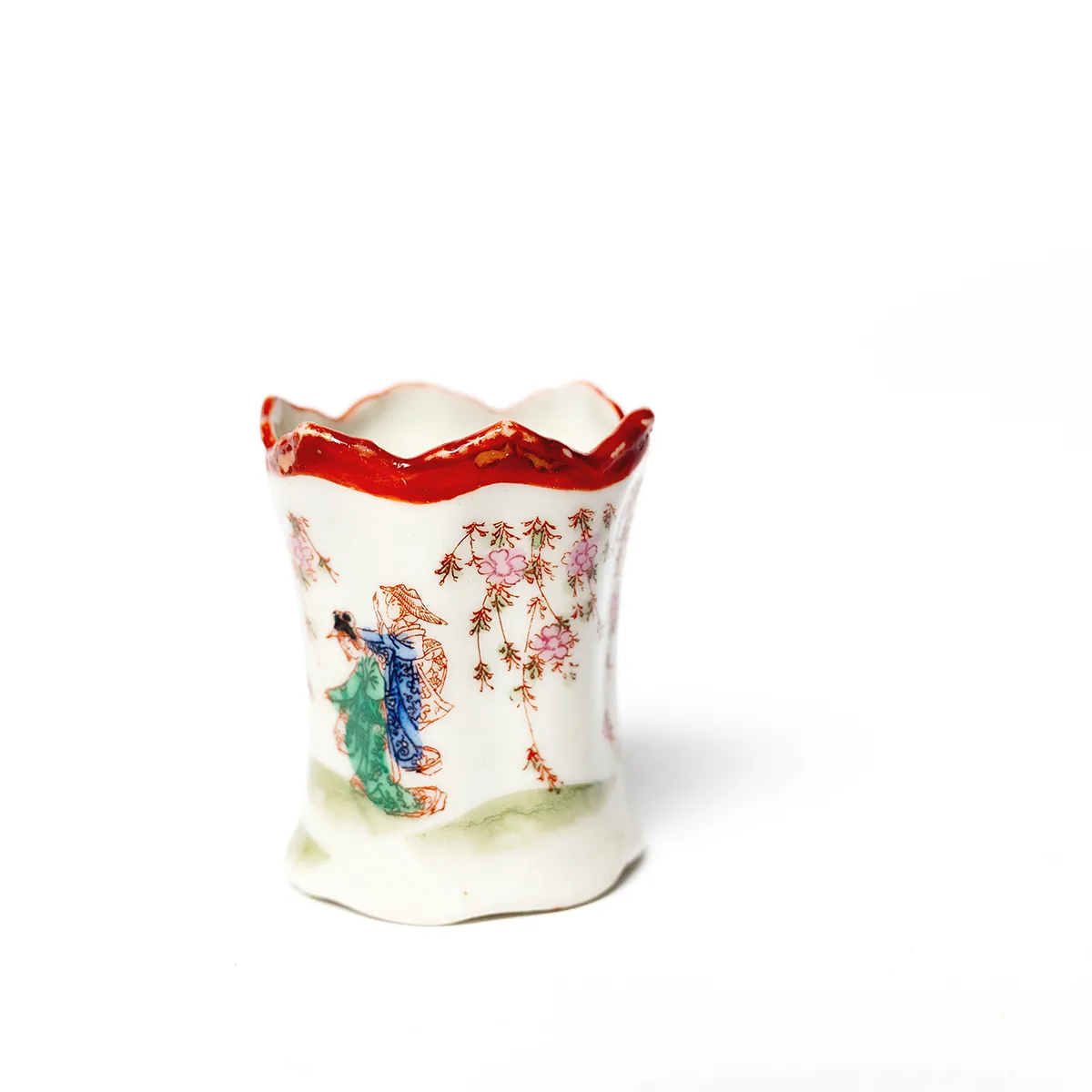 Vintage Asian Ladies Garden Scene Hand Painted Porcelain Toothpick Holder