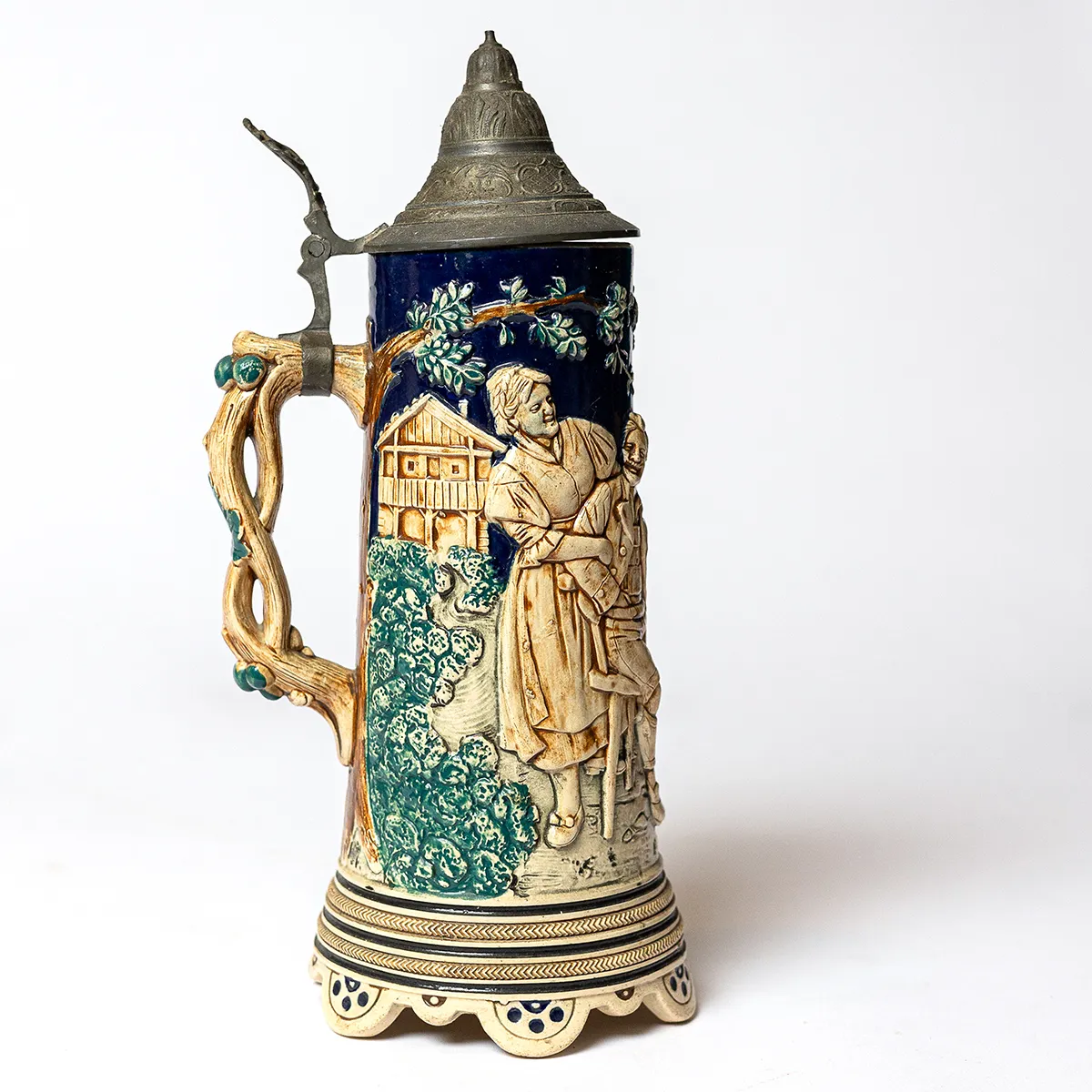 Barware, German Ceramic Colorful Beer Stein with Embossed People, Characters and Scenes on the outside. Decor, Collector
