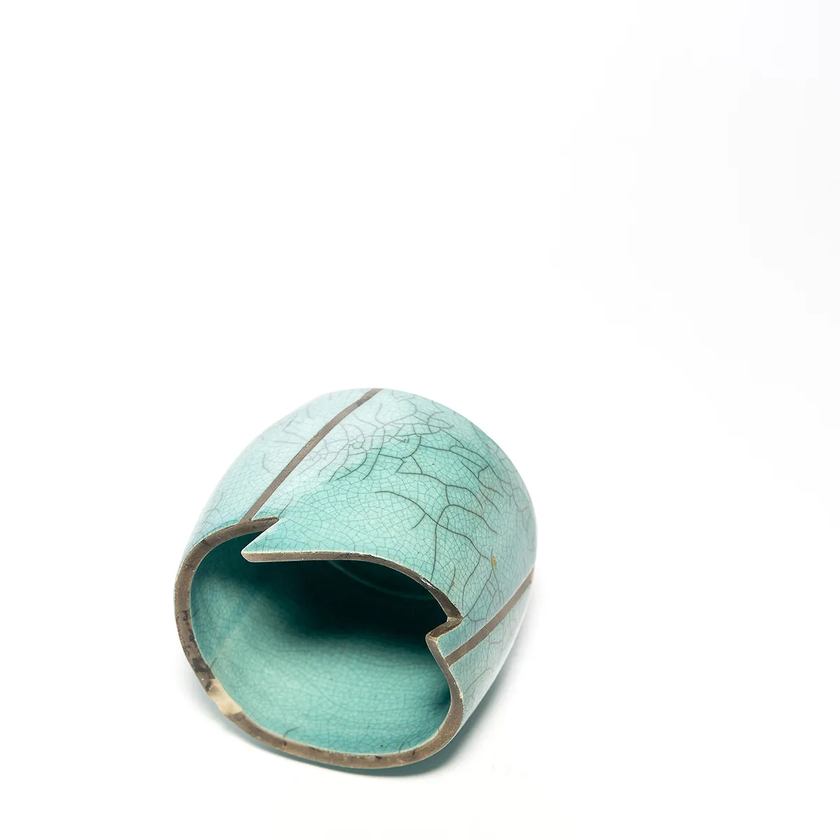 Small Hand Made Vessel Turquoise with Dark Gray Cracked Detail Pencil Holder, Vintage - 3.5" x 3"