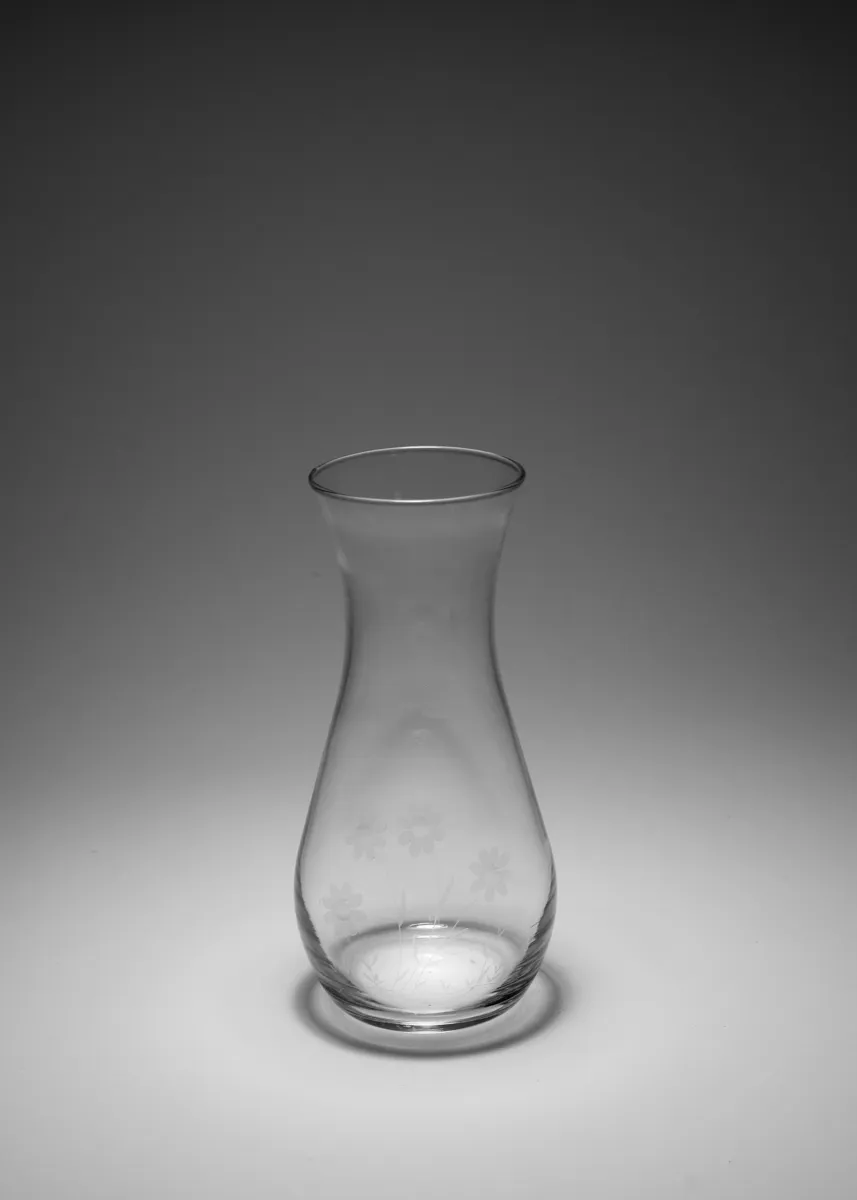 Tear Drop Shaped Clear Glass Flower Vase with Etched Flowers around the outside