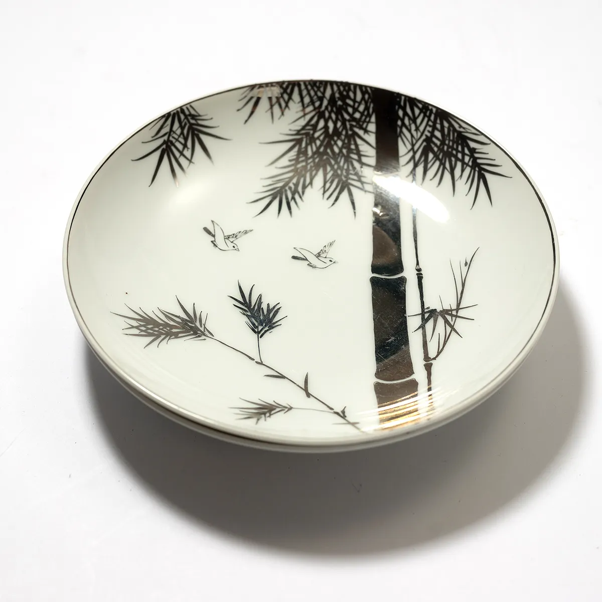 small White Plate with Silver Bamboo and birds, Asian Dessert Bowl China, Hayasi China