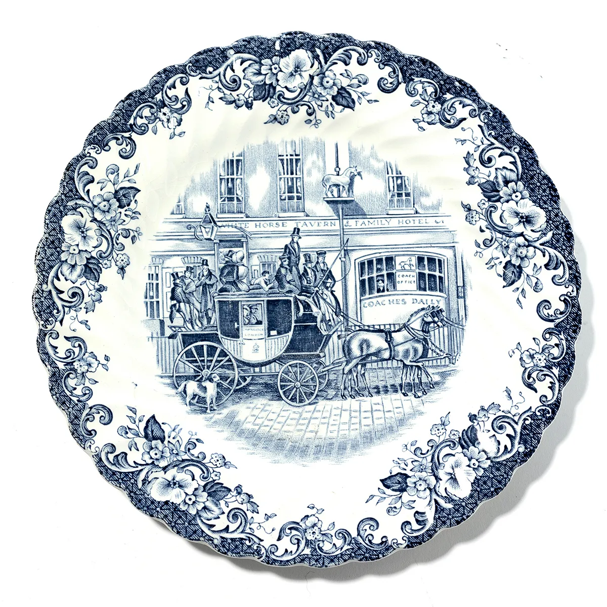 Vintage Johnsons Brothers Dinner Plate Horse Coach Scenes Blue - 8"