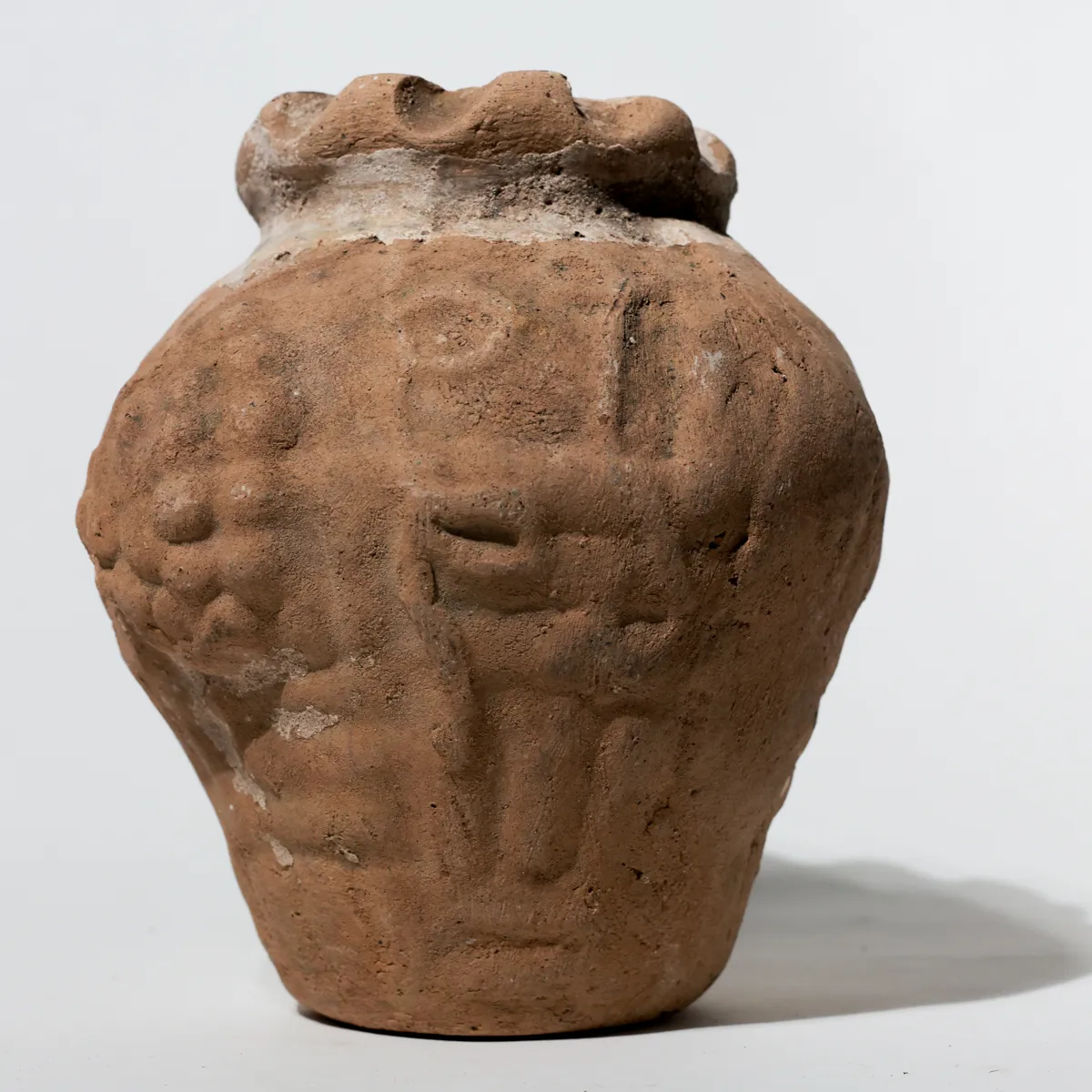 Hand-Built Terracotta Meso American Face Vessel Earthenware Stone Vase