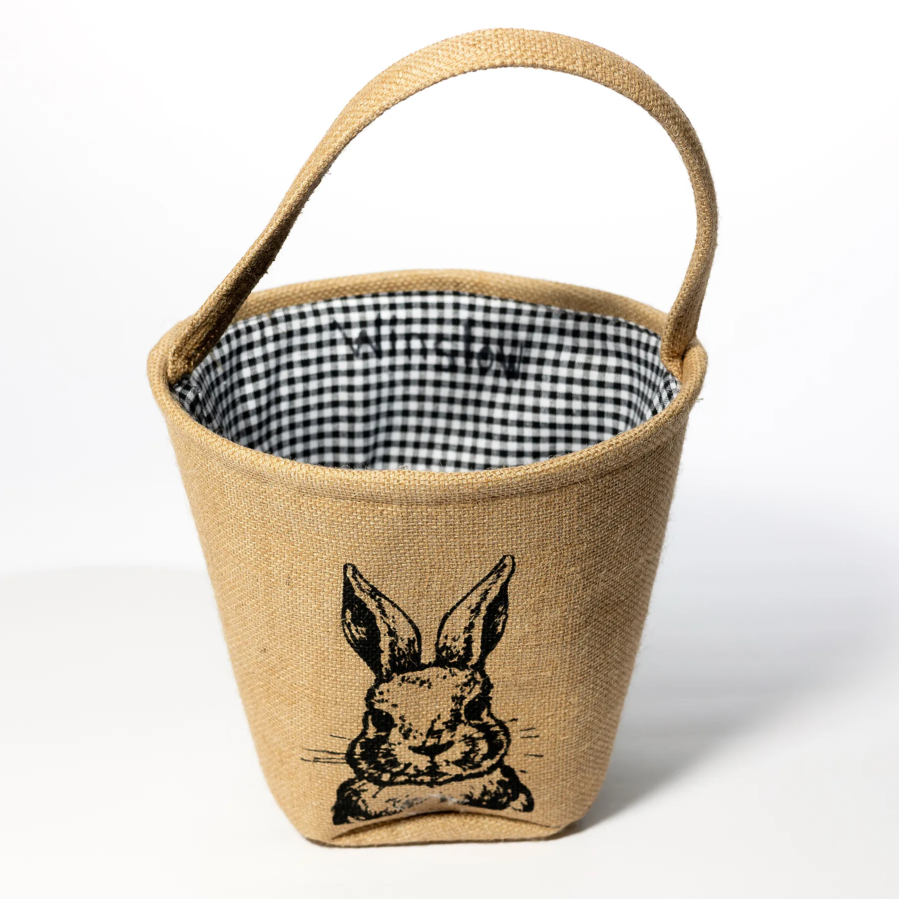 Black Etching Bunny Rabbit Burlap Weave Easter Basket with Black and White Checkered Fabric Interior - 9" x 10"