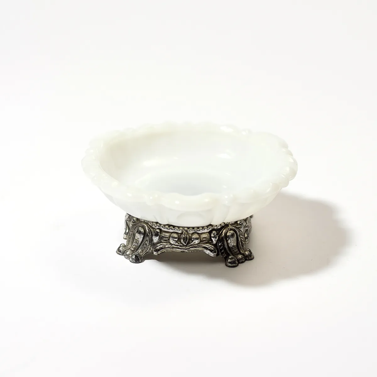 Silver claw footed Milk Glass scalloped candy dish - 5.5" x 2.25"