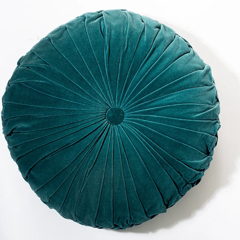 Blue Green Velvet Pin Cushion Ruffled Tufted Pillow - 16"