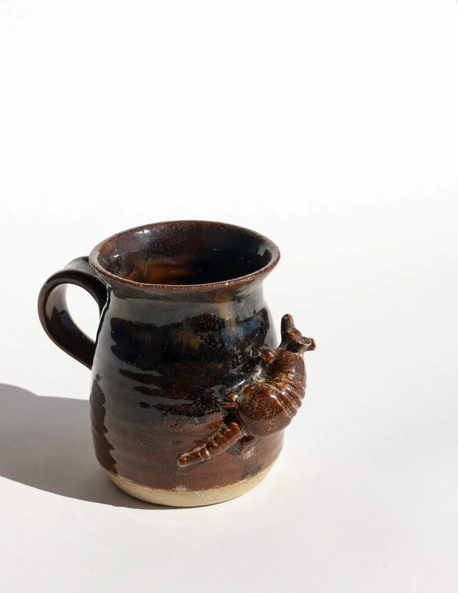 Handcrafted Stoneware Pottery Mug Featuring a 3D Sculpture of an Armadillo. Western, Texas