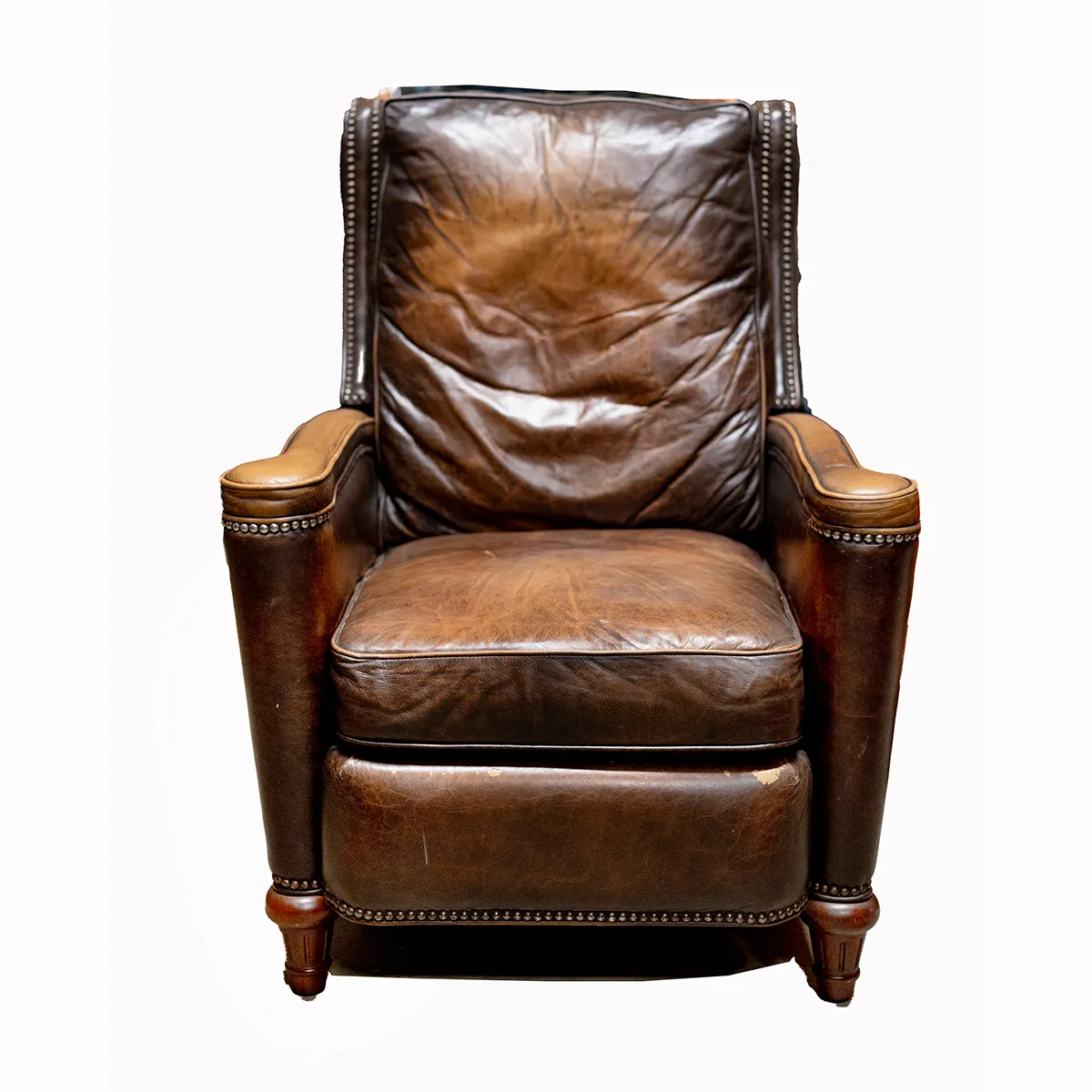 Western Worn Brown Leather Chair Recliner with round brass tacks