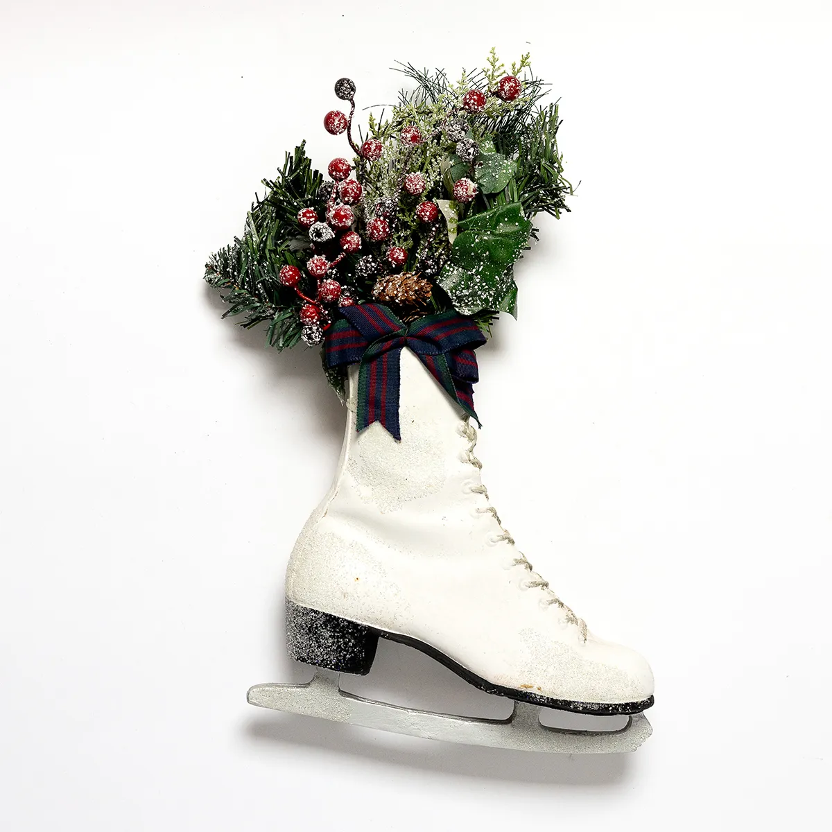 Snowy Christmas Ice Skate with Greenery and Berries Bow 