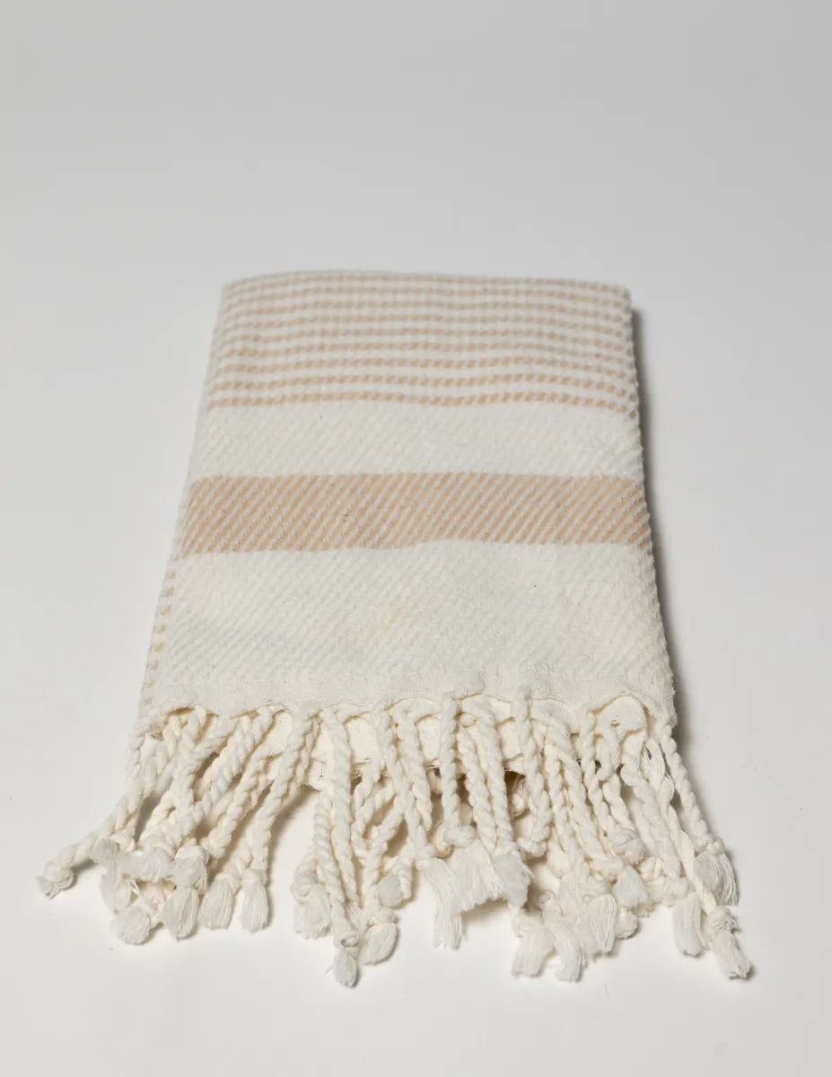 Cream Dishtowel with Beige Stripes and Corded Fringe