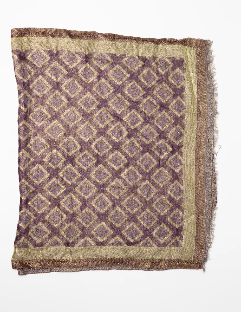 Purple and Gold Shawl with diamond Patter and short wispy fringe