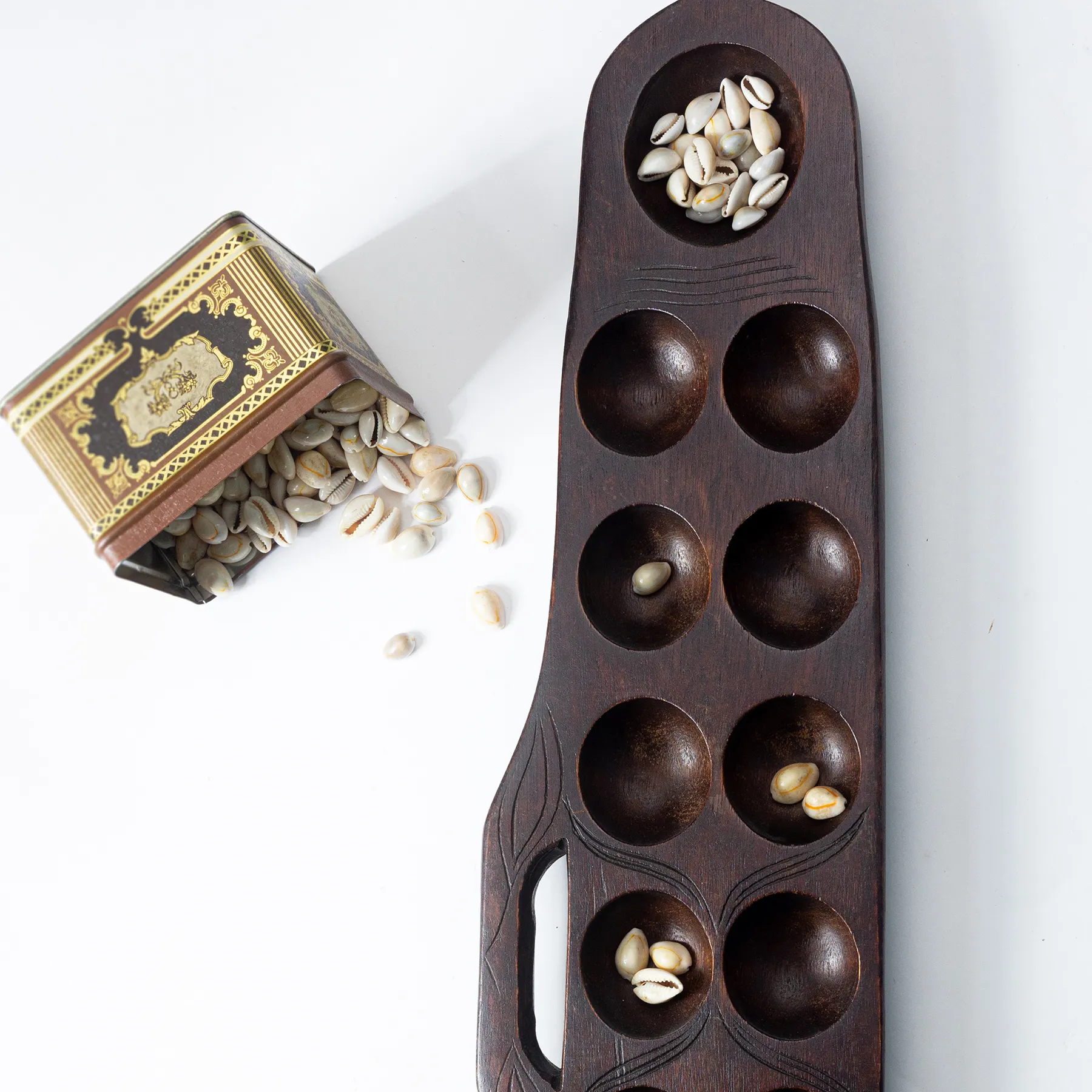 Vintage Handmade shells Mancala Game Board Sungka