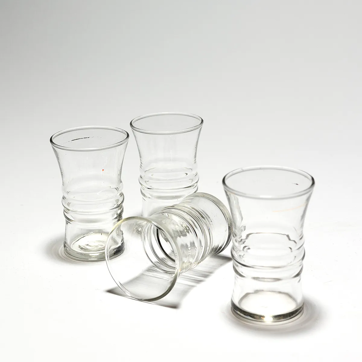 Anchor Hocking Cordial Shot Glasses with hourglass shape, 3 ribs in the center, Clear Glass