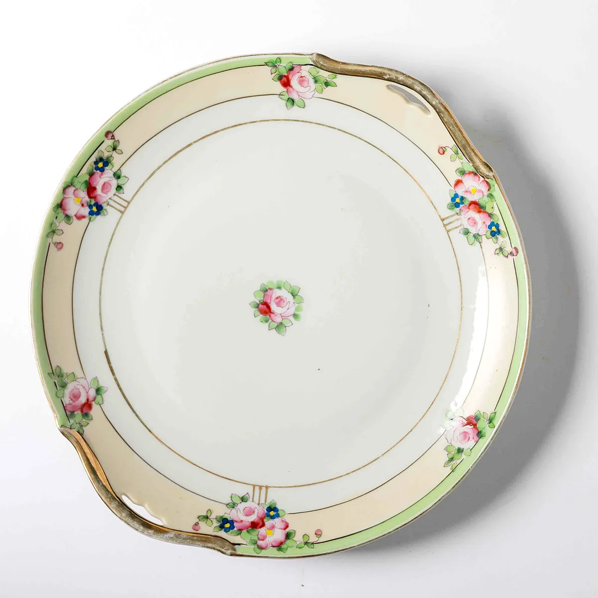 Kitchen Fine China: Single Plate with pink and green flowers and Green, Yellow, Gold Banding, striped edge. handles serving Platter Asian
