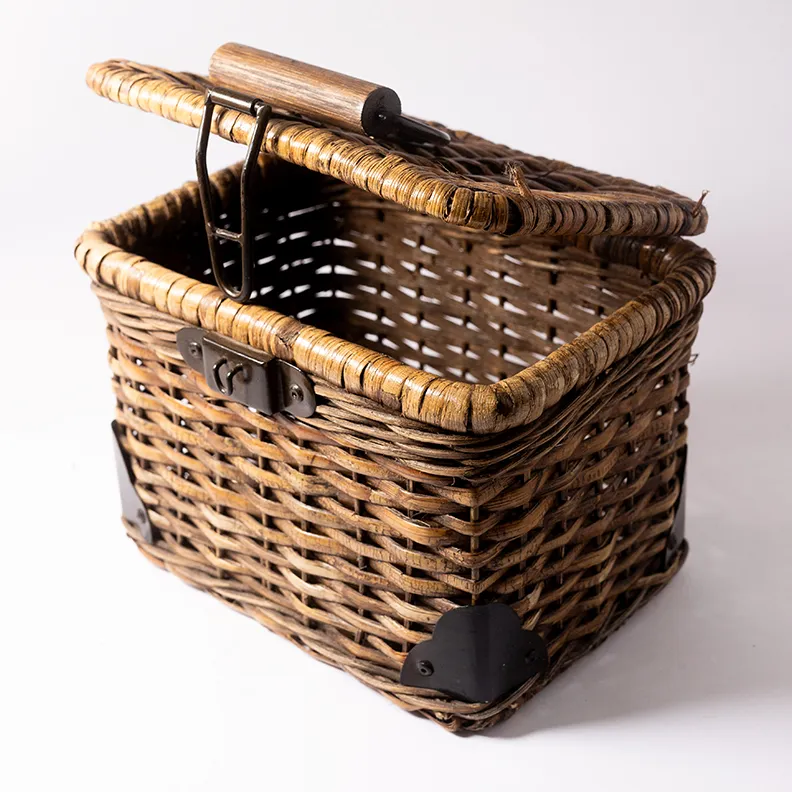 Rectangular Wicker Basket with Metal Corners and fasteners  - 7.5" x 10" x 7.25"