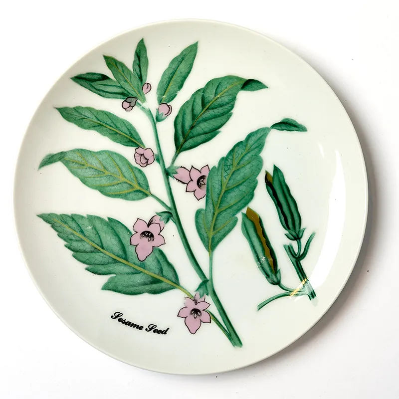 Salad Plate Decorative white plate with Sesame plant painted on it with greenery and purple flowers
