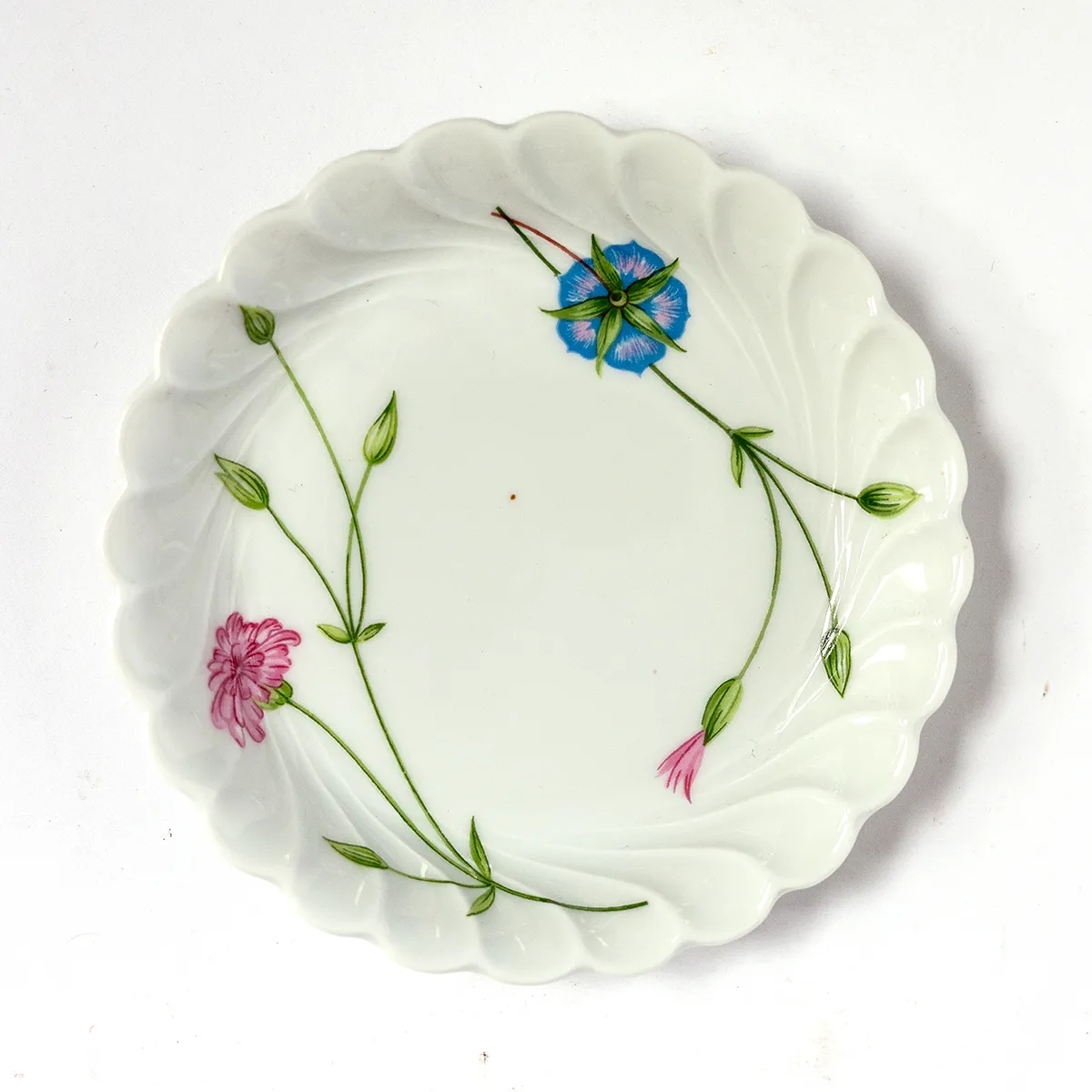 Haviland Limoges Florance Trinket Dish White with scallopped Hand Painted Flowers Blue and Pink with greenery Bone China Coaster Margaux Pattern, Florence Pattern Ring Dish