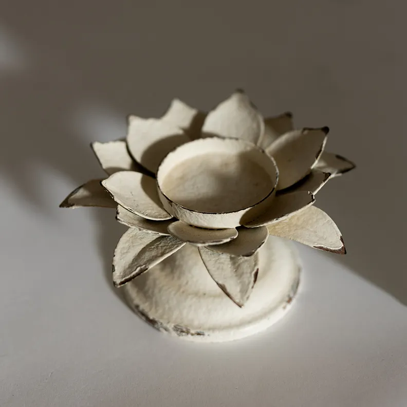 Rustic Pillar Candle Holder Metal - Lotus Flower - 3.5" x 6"