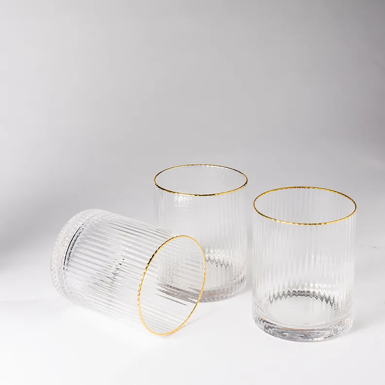 Retro Ribbed Clear Glass Gold Rimmed Rocks Glass - 4" x 3.75"