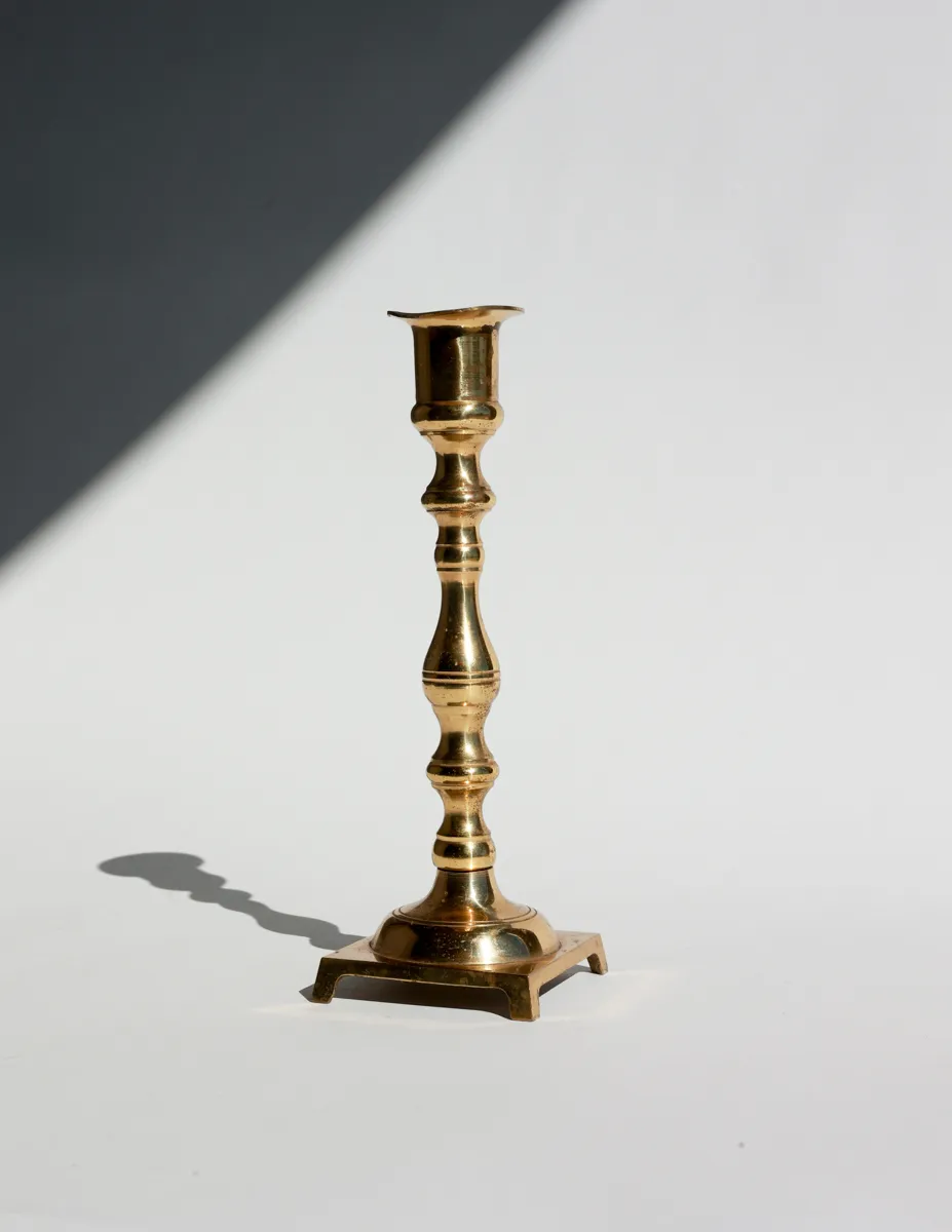 Mid Century Solid Brass Beehive Candlestick Holder With Square Footed Base