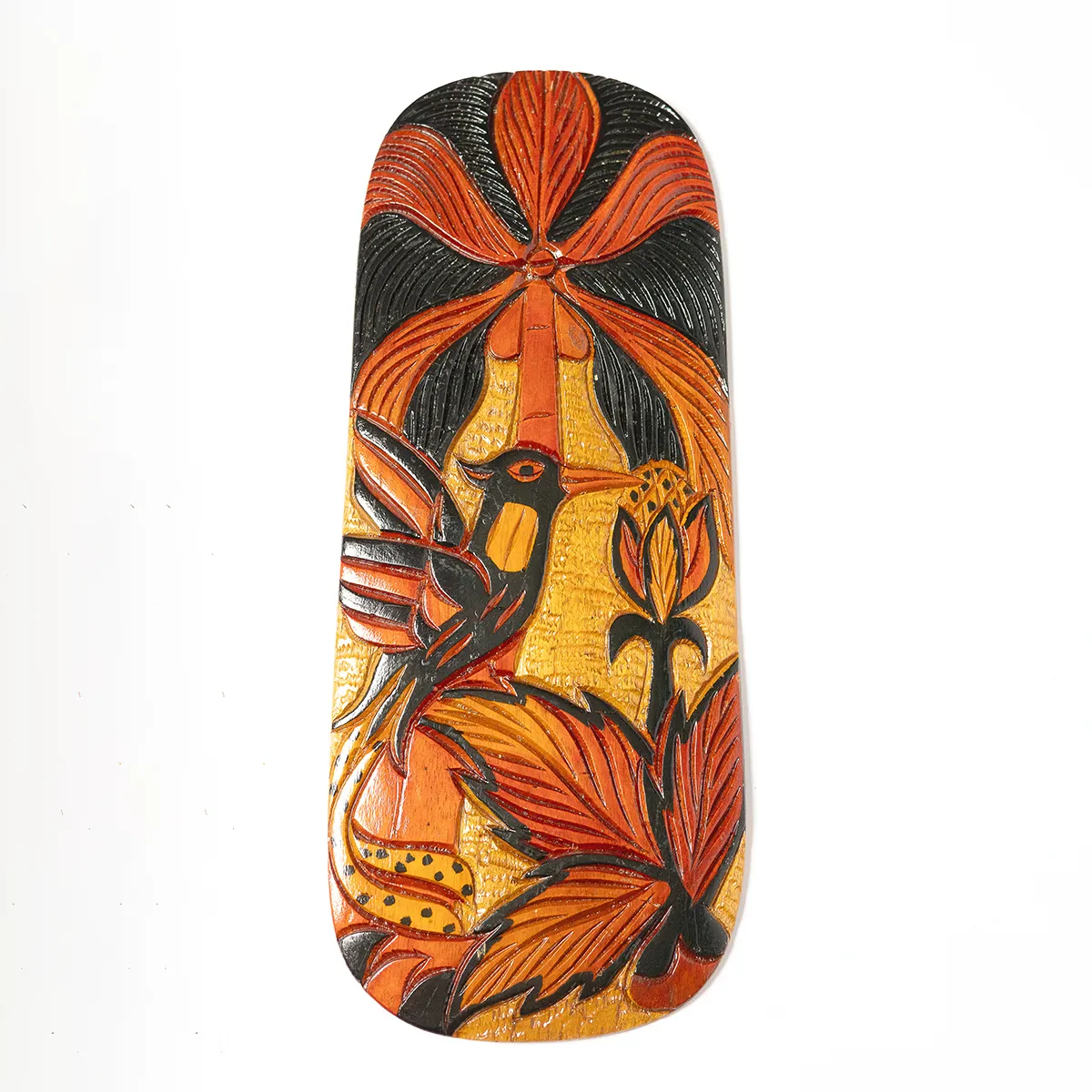 Large Vintage Oval Jamaican Tropical Hand Carved Bird Palm Trees Wood Wall Decor 18"