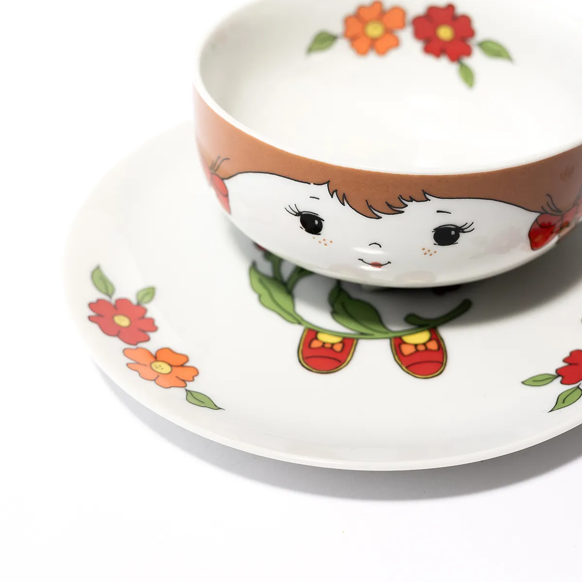 Children's Kids 2 piece dinner place setting Plate and Bowl Girl Red, Green, Orange, Blue - 7.25" 5" x 2.25"