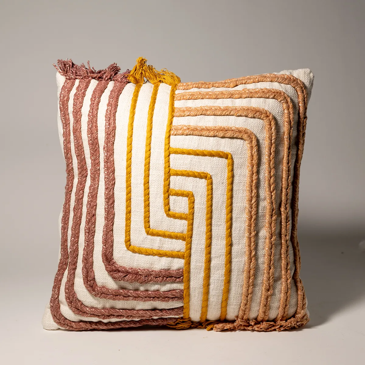 Cream Open Weave with Geometric Corded Embelishments in Orange and Mauve