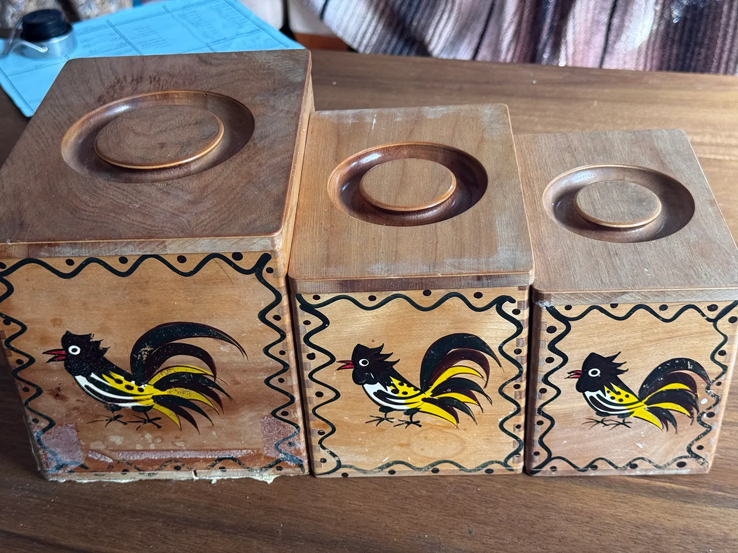 Nesting Mid Century Teak Wood Canisters Set of 3 Dovetail Hand painted Rooster