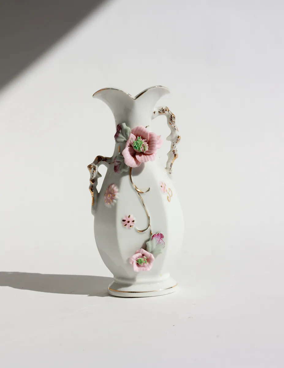 Vintage Porcelain Rose Bud Vase Pink Applied Rose Flower Gold Gilded Accent