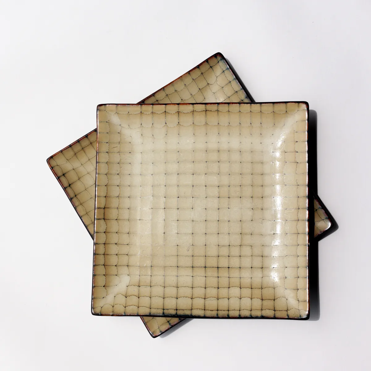 Japanese Square Ceramic Plate Grid Crackle Glaze Beige Brown 