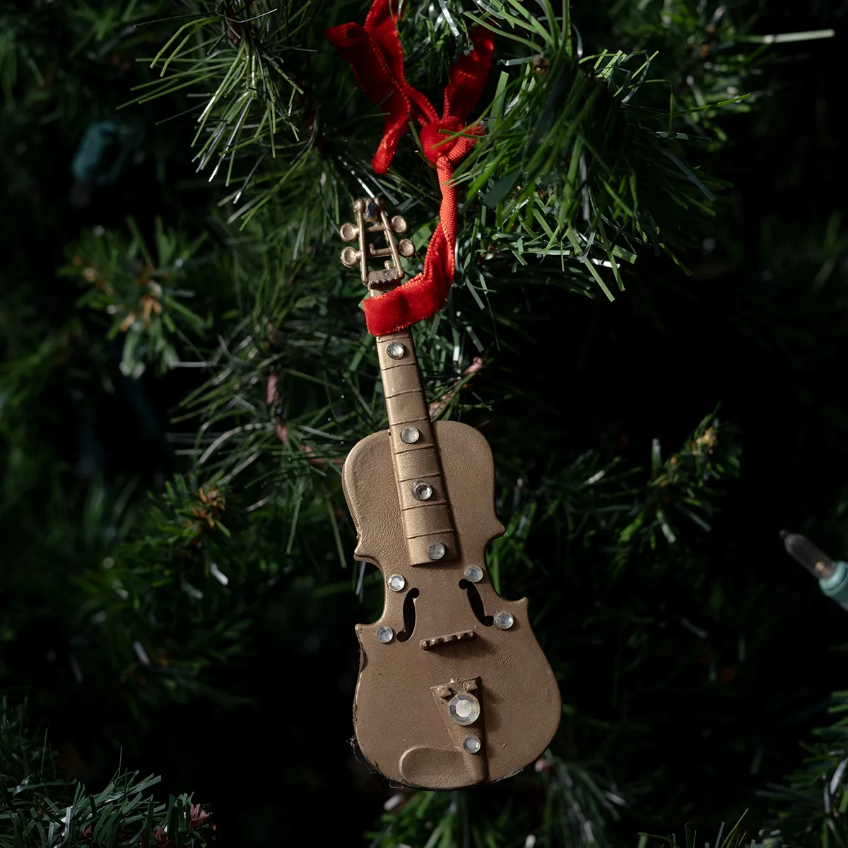 Christmas Tree Ornament: Beige Stand Up Bass with Plastic Rhinestones and a red ribbon