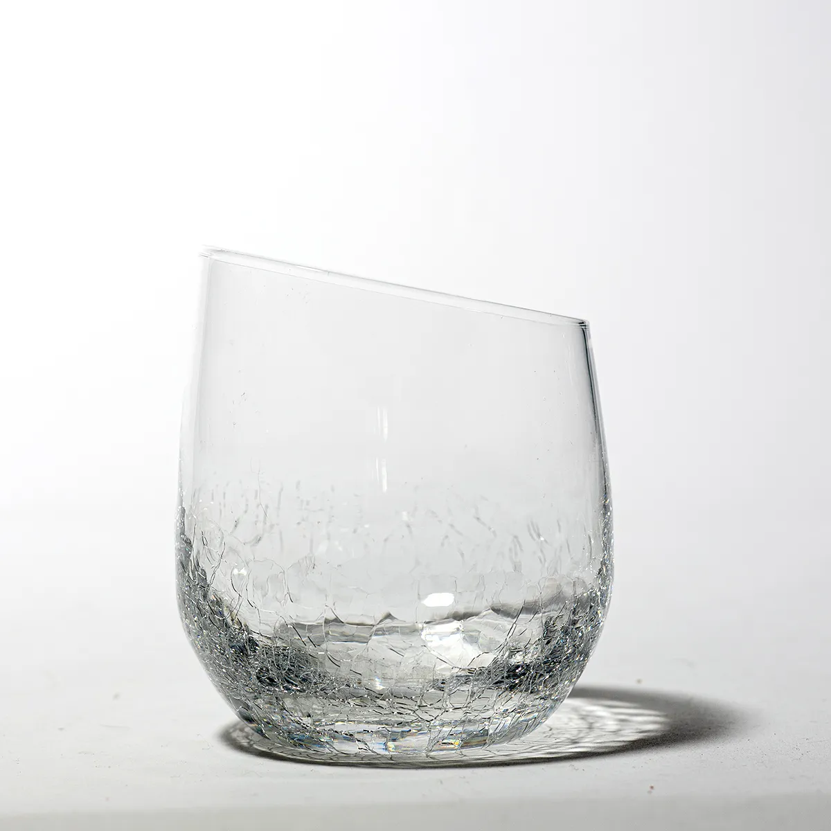 Pier 1 Clear Crackle Bottom Slanted Rim, Biased Rim, Angled Rim, Rocks Juice Glass