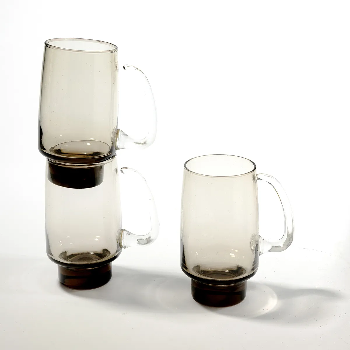 Tawny Smoke Brown Tumblers with detached clear handles, Vintage - 