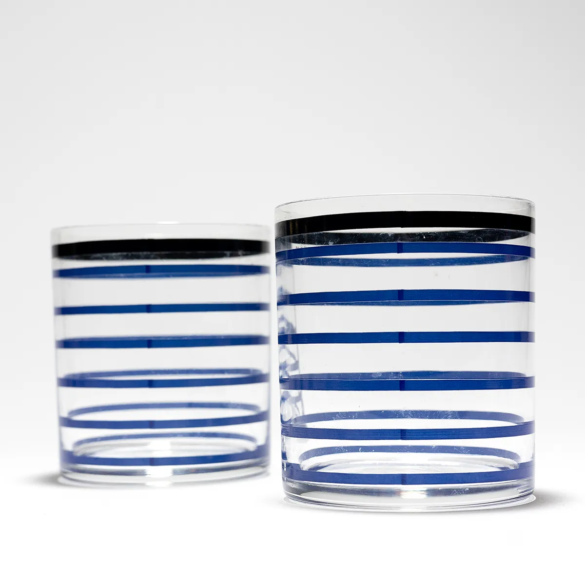 Clear Short Wide Juice Glass with Blue Stripes