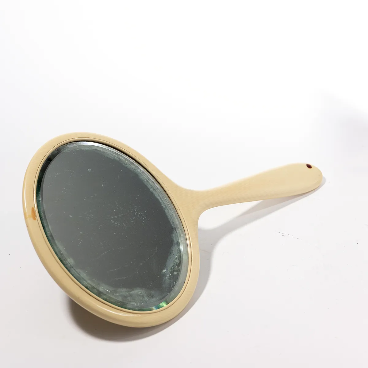 Bakelite Vanity Mirror Off White Yellow, Bathroom Tall Handle, Vintage Long Handle - 15" x 8.75"