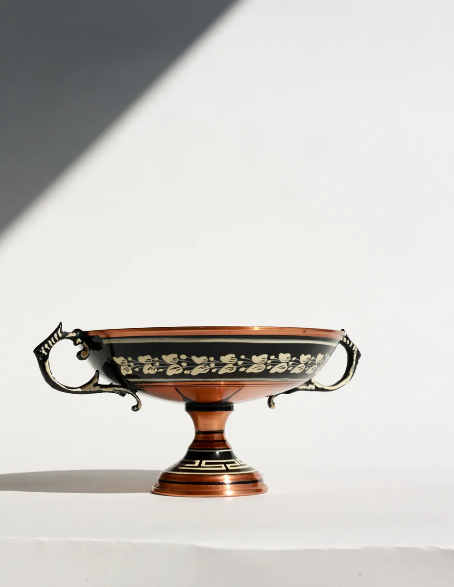 Vintage Greek Hand Painted Black and White Details and Scenes Etched Copper Footed Bowl With Handles