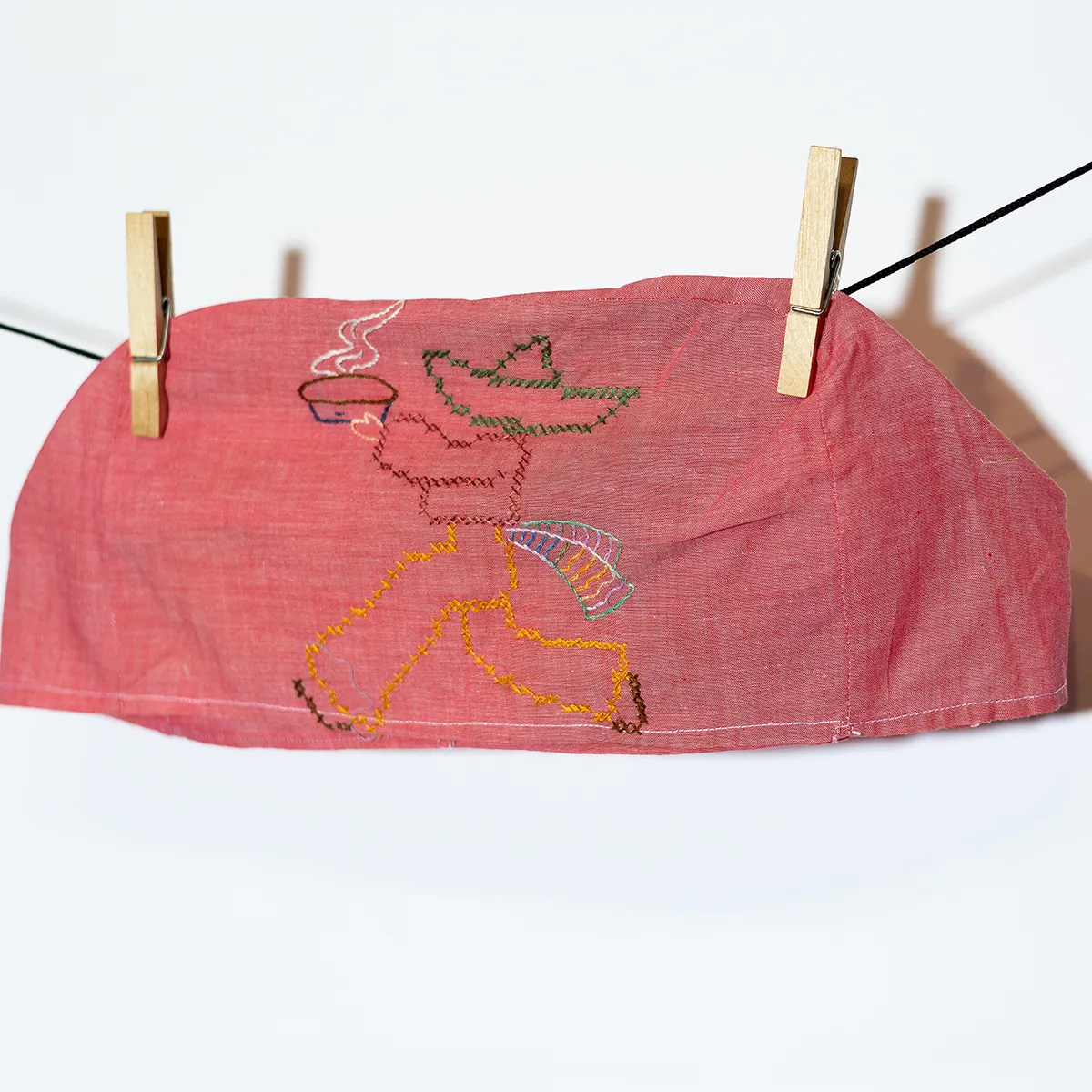Kitchen Soft Goods: Pink Hand Embroidered Toaster Cover with a Mariachi Carrying a Hot Pie