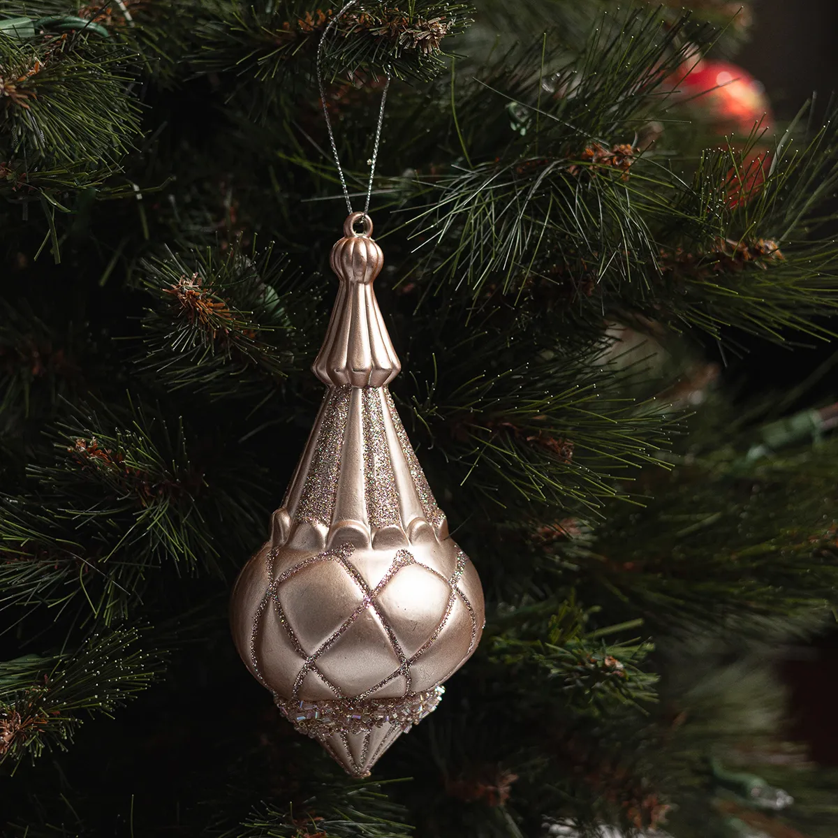 Matte Pink Plastic Glitter and Beaded Christmas Tree Ornament