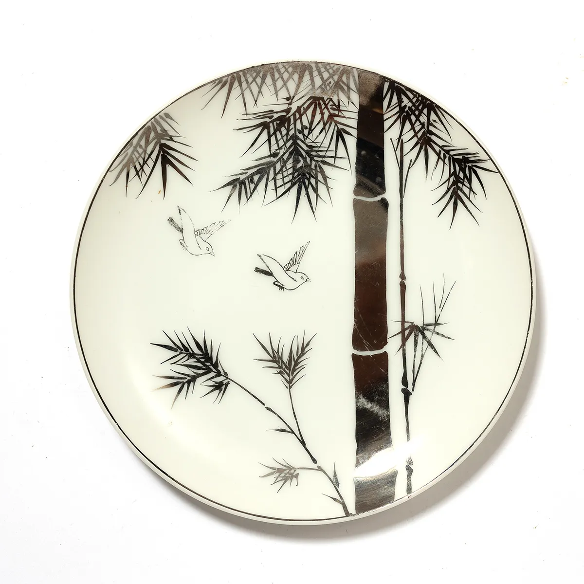 White Plate with Silver Bamboo and birds, Asian Dessert Bowl China