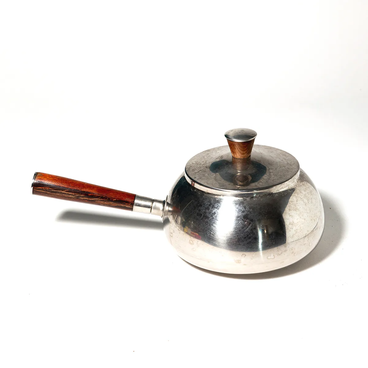 Vintage Stainless Steel Fondue Pot & Lid Wood Handles