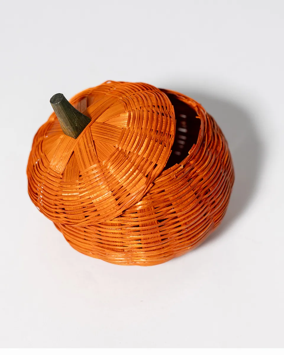 Small Orange Wicker Pumpkin basket with a lid