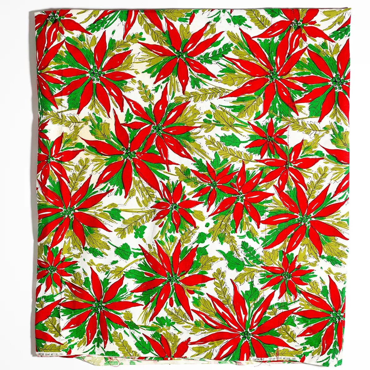 Vintage poinsettia fabric rich color white, green and red thin black lines  -  86" x 88"