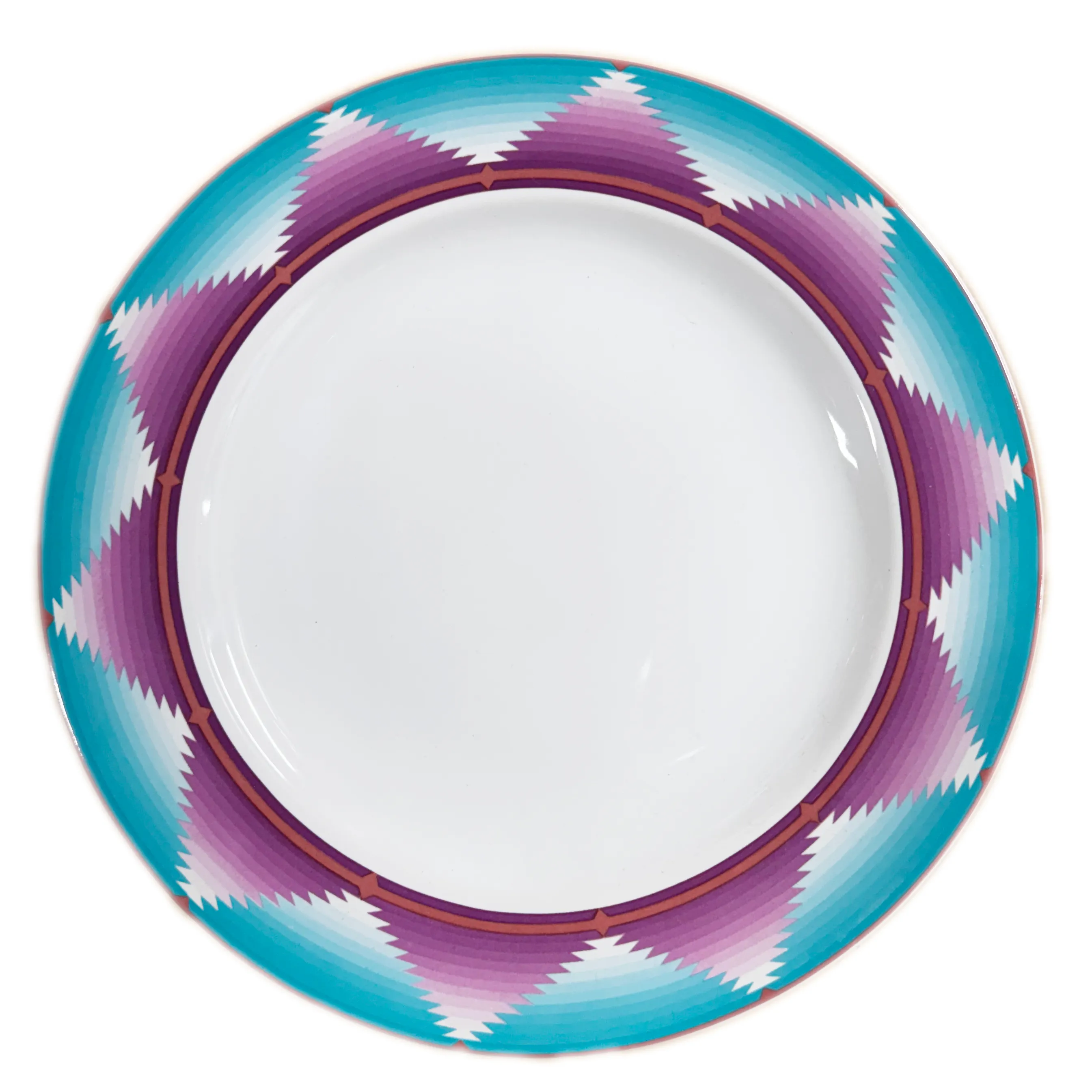 Aqua and Purple Geometric Rim Smooth Ceramic Dinner Plate Aztec, Southwestern