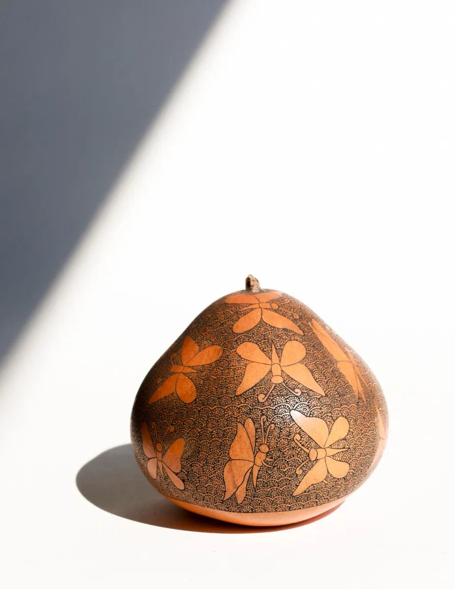 Peruvian Dried and Etched Gourd Rattle Folk Art Butterflies