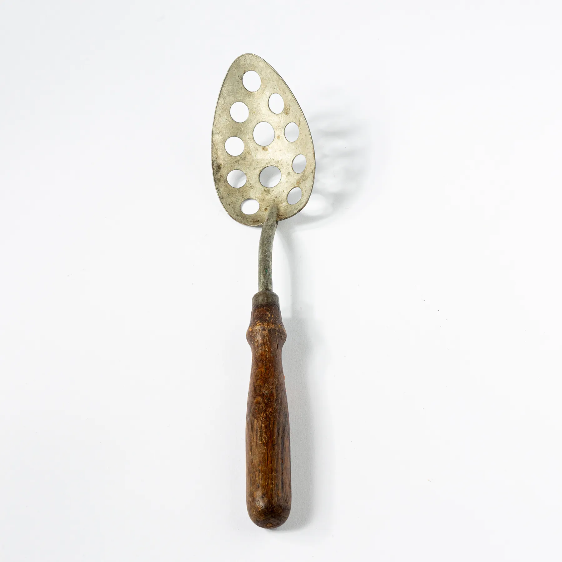 Antique Slotted Spoon metal patina wooden handle - 10.75"