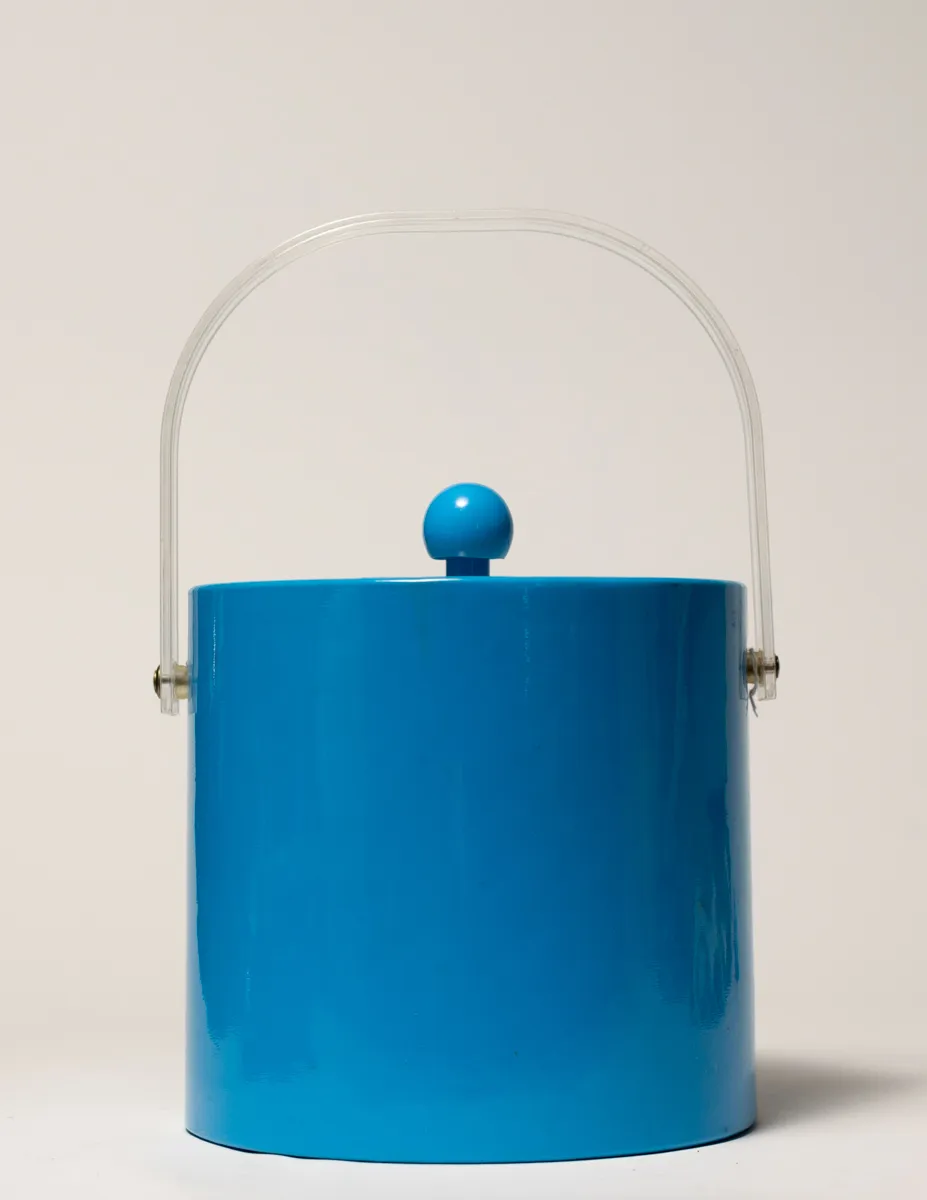Blue Vinyl Ice Bucket with Lid and Clear Lucite Handle