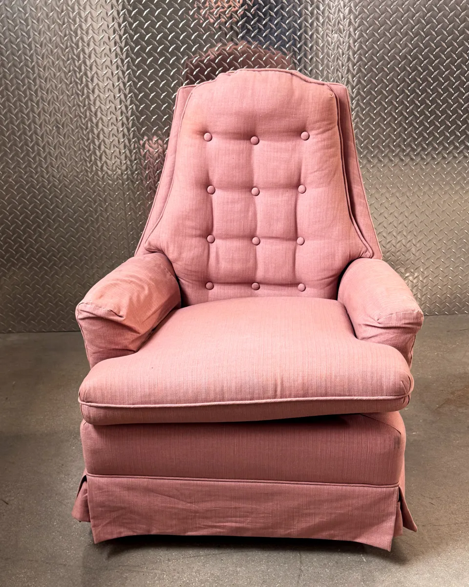 Pair of Pink Tufted and Skirted High Back Swivel Chairs.